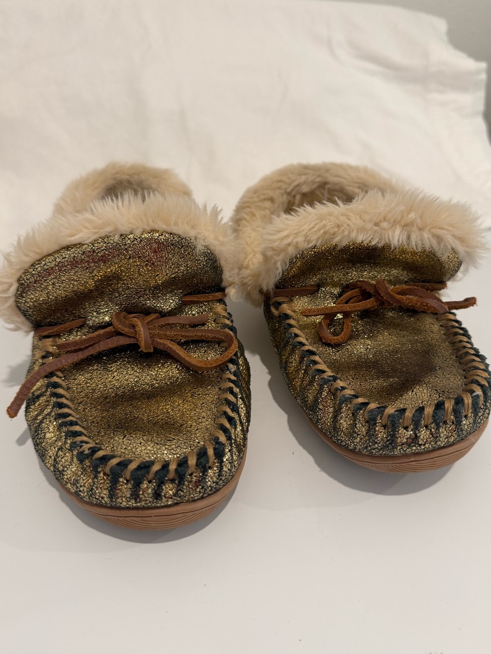 J. Crew Metallic Gold Faux-Fur Moccasin Slippers